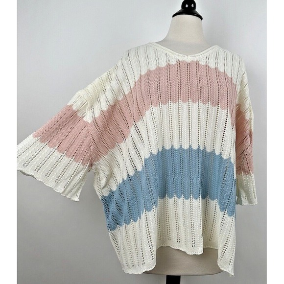 NEW POL Boxy Oversize Sweater LARGE Ivory Blue Pink Stripes V-neck Drop Shoulder - Picture 2 of 13